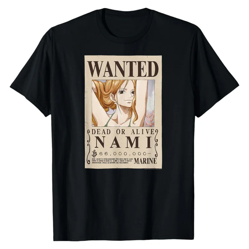 Camiseta One Piece con estampado gráfico del cartel de recompensa de Nami 2026, 100% algodón, duradera, clásica, informal, a la moda, estilo urbano
