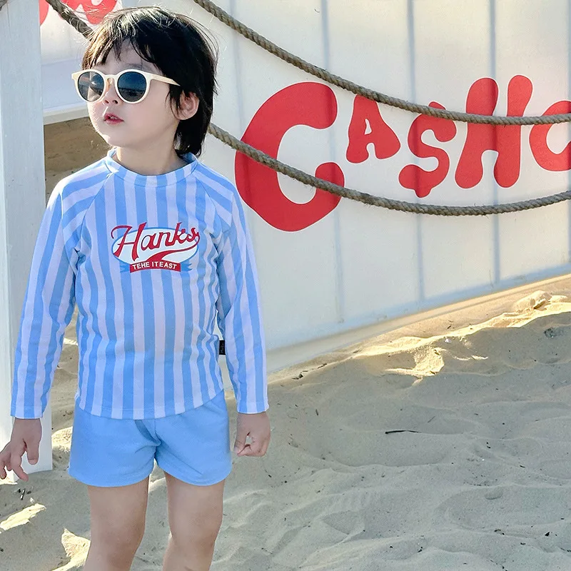 2026 Summer Children's New Striped Split Long Sleeve Sunscreen Quick Drying Swimsuit Set