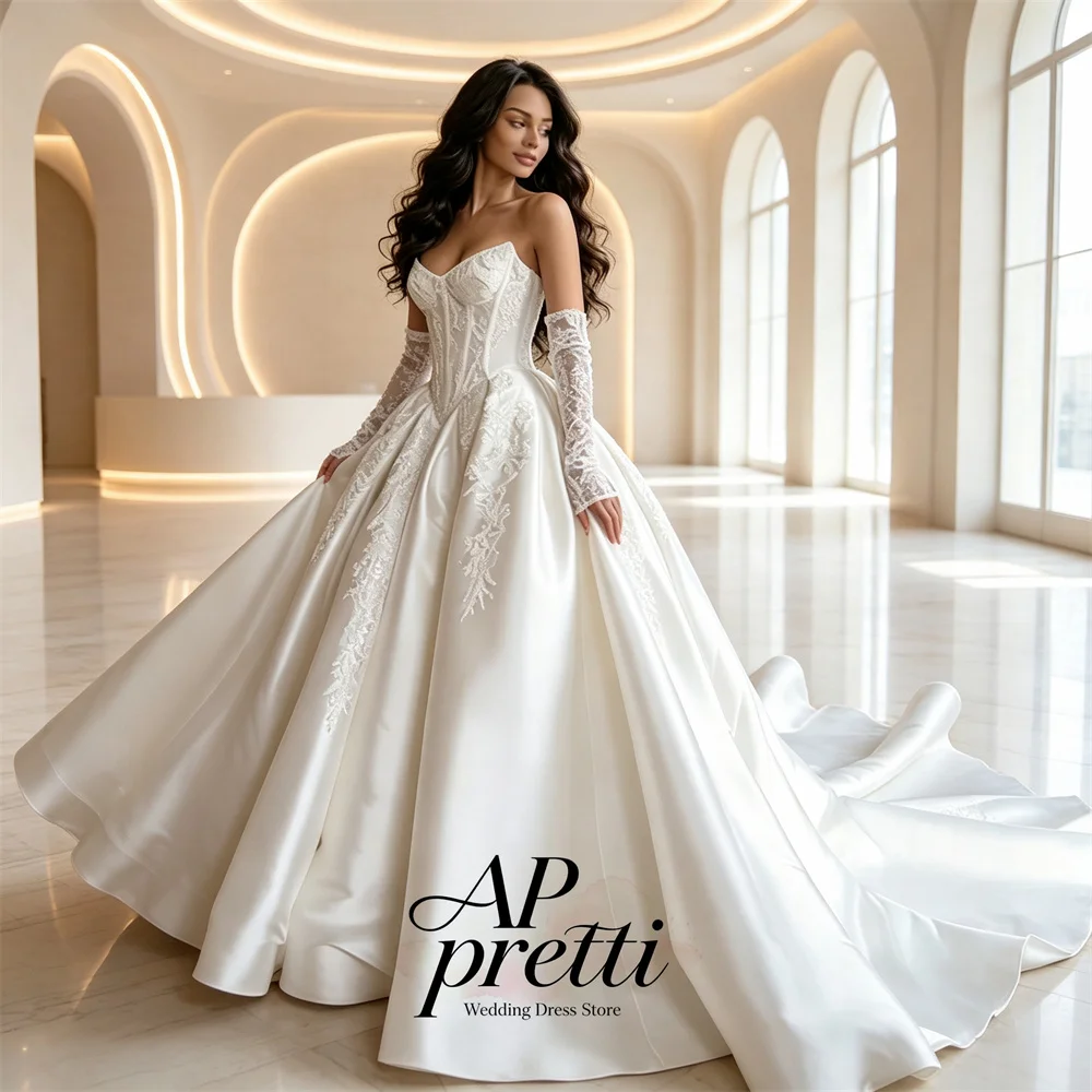AP pretti Luxury Sweetheart Collar Satin With Lace Appliques Bridal Gown Customized Detachable Long Sleeve Wedding Dresses
