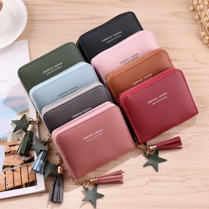 PU Short Tassel Little Star Wallets for Women Cute Mini Korean  Female Girls Zipper Coin Purses Wallet Small Card Money Bags