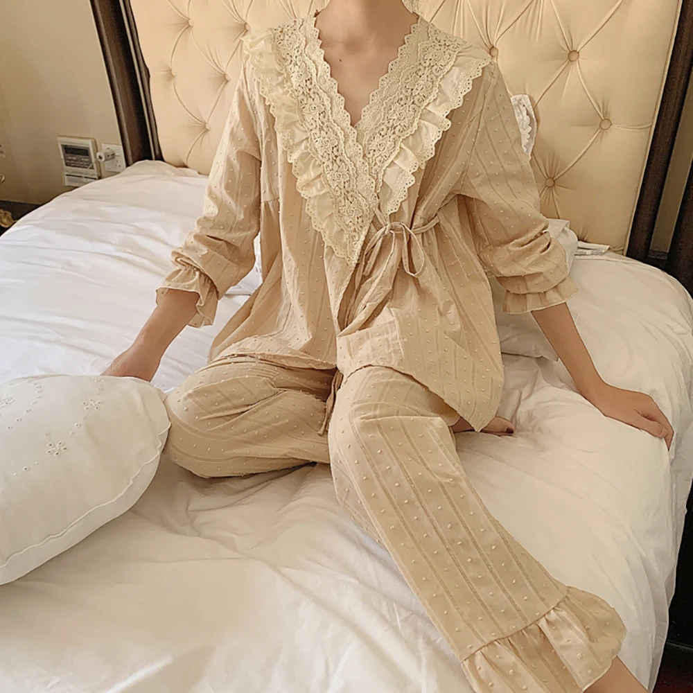 New Women Cute Flower Embroidery Lace V Neck Pajama Sets.Vintage Lady Lace up Princess Pyjamas Set.Sleep Loungewear Nightclothes