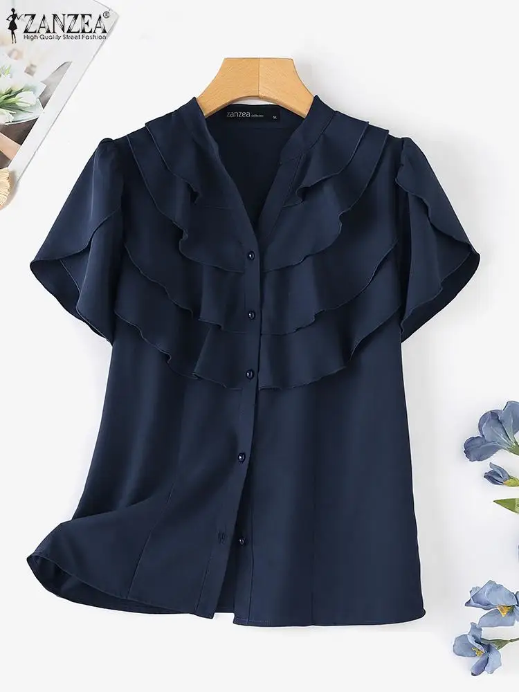 ZANZEA Women Elegant Chiffon Shirt Korean Office Ruffles Short Sleeve Blouse 2024 Summer V-neck Tunic Casual Solid Loose Blusas