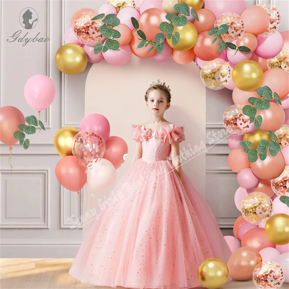 

Flower Girl Dress Sparkles With Fluffy Short Sleeves Princess Birthday Host Event First Communion Dress Customized