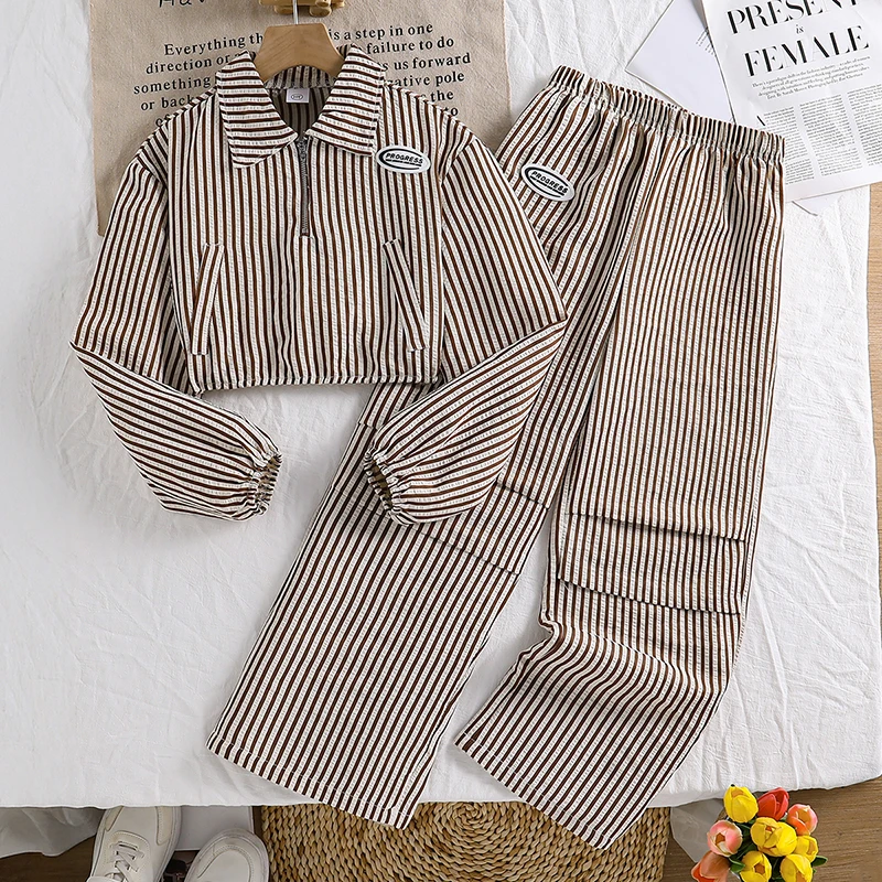 Girls 8-12 Striped 2Pcs Outfit, Lapel Half Zip Cropped Top & Elastic Waist Wide Leg Pants Spring Autumn Kids Set