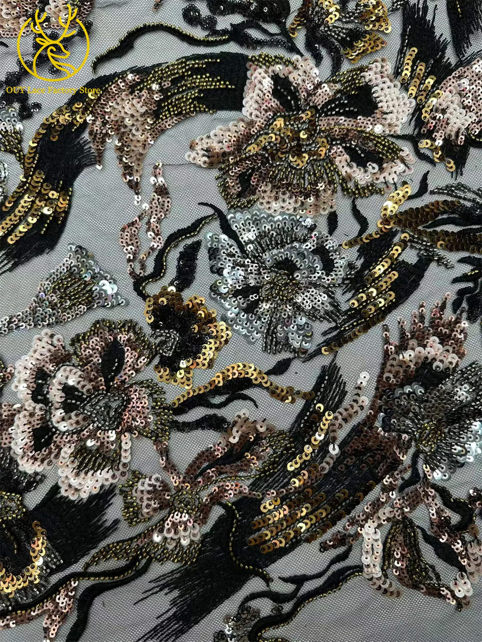 Afrikanischer Stickerei-Tüll-Pailletten-Spitzenstoff, 5 Yards, hochwertiger französischer nigerianischer Perlen-Mesh-Spitzenstoff für Hochzeitsnäharbeiten – Detail 15