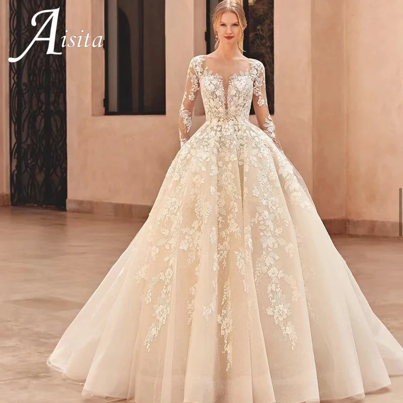 فستان زفاف على شكل قلب من الأورجانزا مع تطريز مزين بالدانتيل وأكمام طويلة وزر عروس مخصص فيستدو دي نوفيا #1