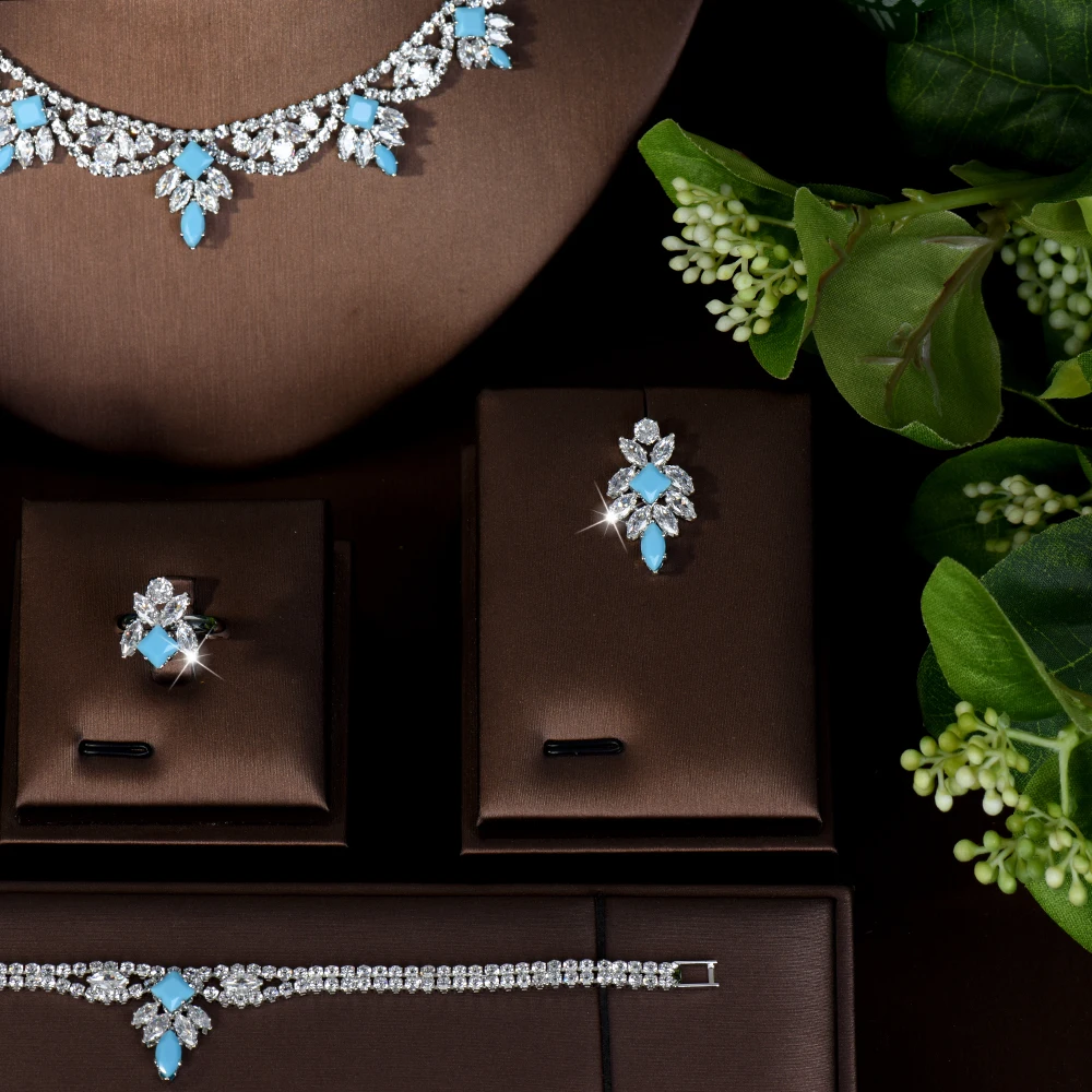 HIBRIDE 4 قطعة مجموعة مجوهرات رومانسية زرقاء عتيقة قلادة للسيدات أقراط خاتم حفلة موسيقية هدية الزفاف الزفاف S-784 #4