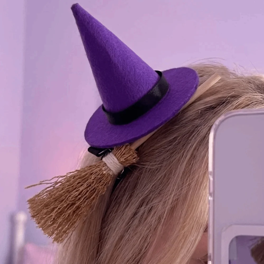 2pcs/set Cute Mini Hair Clips Set Witch Hat Shape Lightweight Hair Barrettes Small Broom Shape Realistic Cosplay Accessory