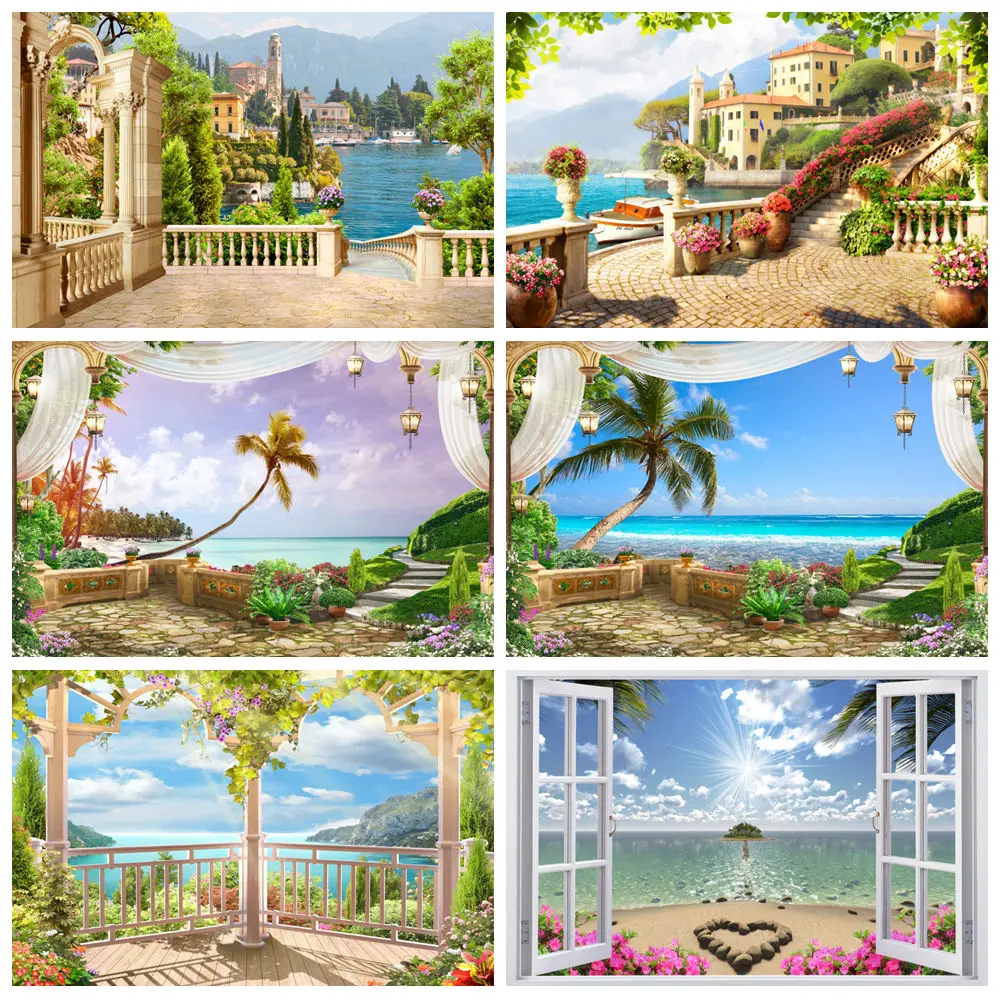 

Summer Seaside Photography Backdrop Tropical Beach Palace View Palm Trees Wedding Party Baby Birthday Photocall Background Decor