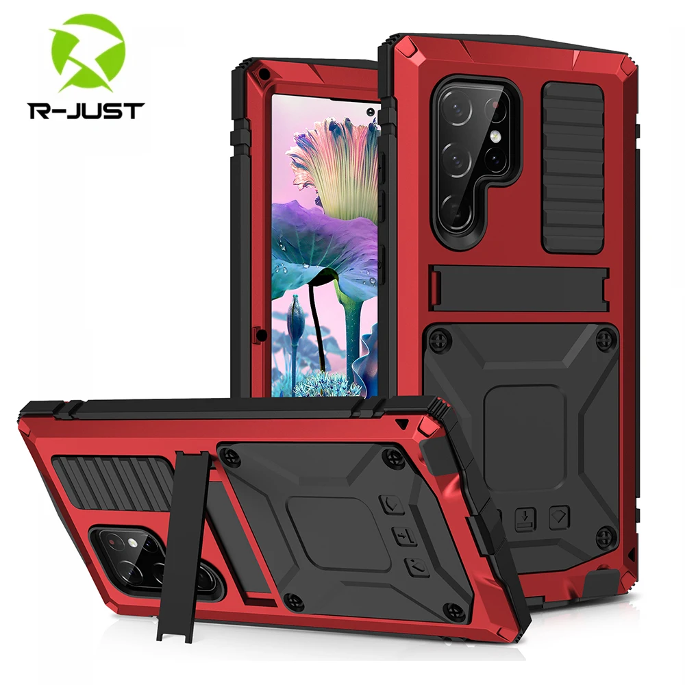 

R-just Full-body Armor Case For Samsung Galaxy S23 Ultra Plus Shockproof Rugged Cover Kickstand Metal Funda Built-in Protector