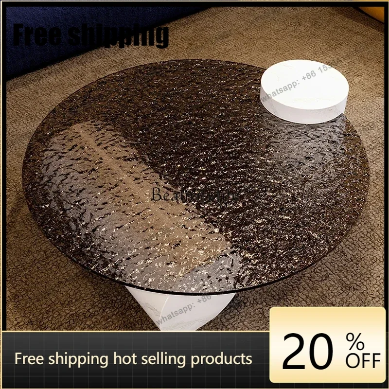 HJ Italian Living Room Coffee Table Tempered Glass Marble Round Coffee Table