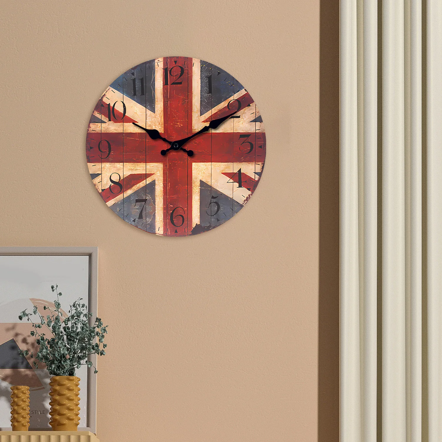 Retro British Flag Pattern Wooden Wall Clock for Living Room, Bedroom, Kitchen, Home Decoration, Silent Quartz Clock, Holiday Gift, 10 Inches, 12 Inches, 14inch, 16inch (No Battery)