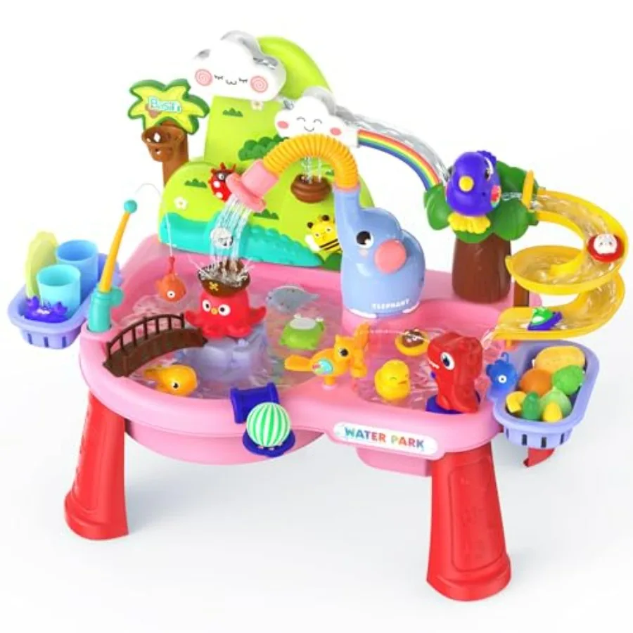 Outdoor toddler water table for ages 1-3, pink plastic with pump, running water, fishing toy, play food accessories, and kitche