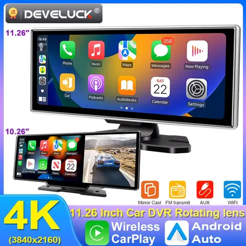 10/11.26 인치 대시 캠 4K 자동차 DVR 무선 Carplay 및 안드로이드 자동 GPS 네비게이션 비디오 레코더 대시 보드 듀얼 렌즈 Wifi FM AUX