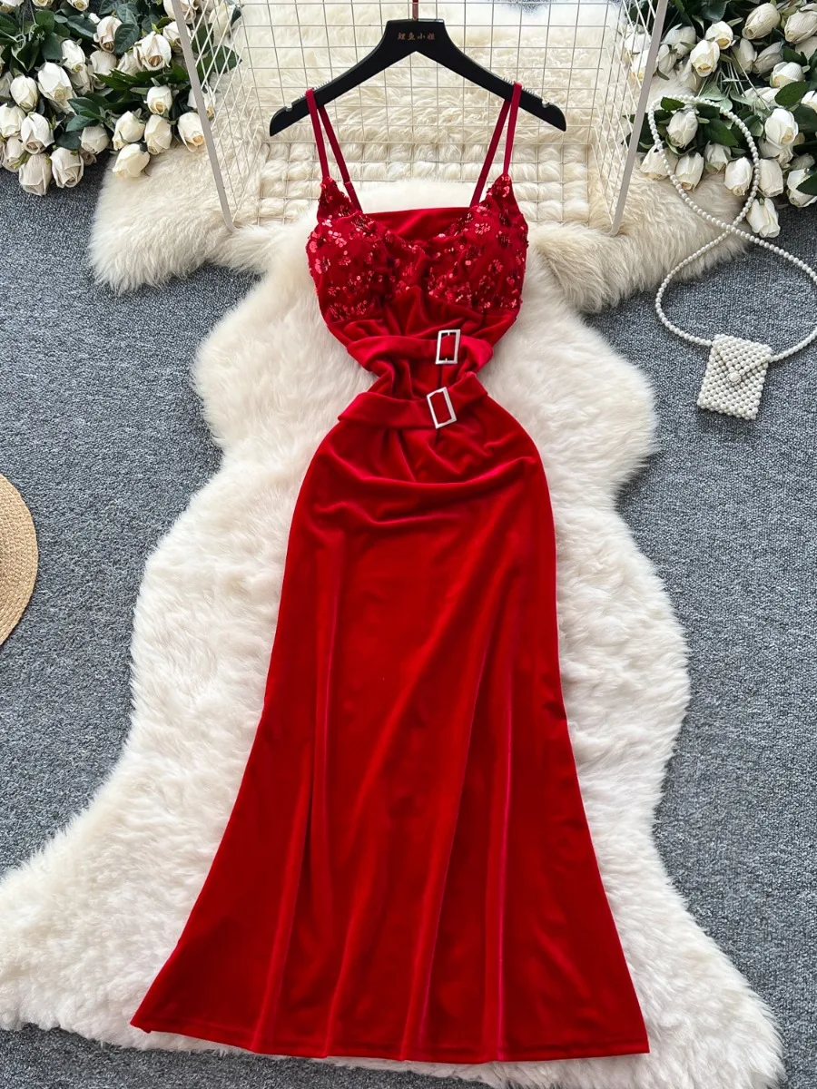 Foamlina francês luxo socialite lantejoulas vestido de veludo feminino 2025 outono cintura fina temperamento elegante longo vestido de festa