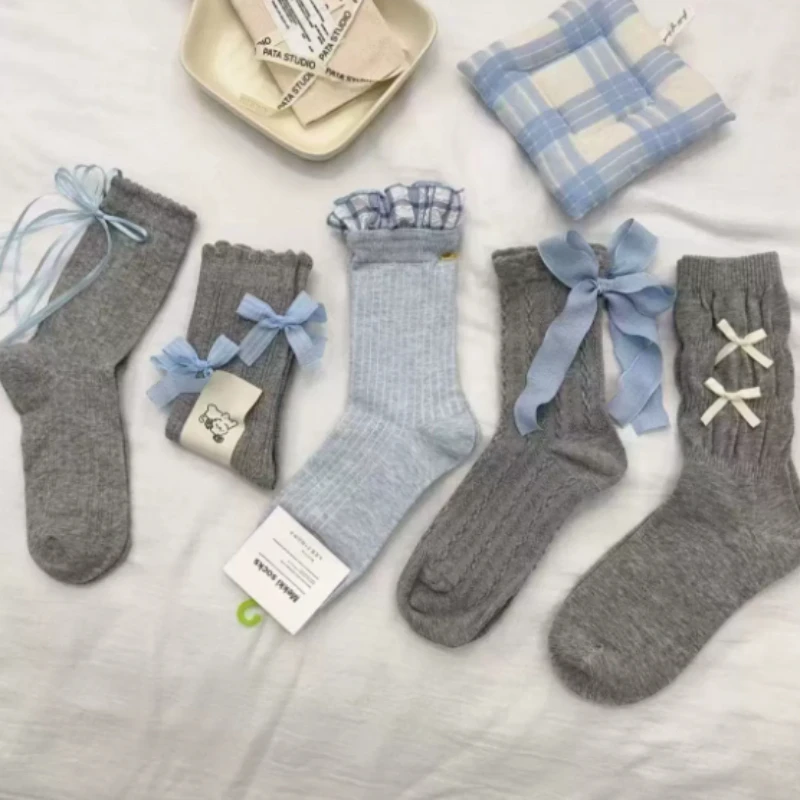 5 pairs of spring summer girl lace versatile cute gray blue bow simple comfortable sweet sweat absorbing midsole socks