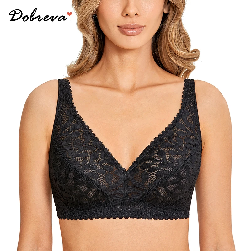 DOBREVA Women\'s Wireless Unlined Lace Bra Plus Size Full Coverage Comfort Bralette