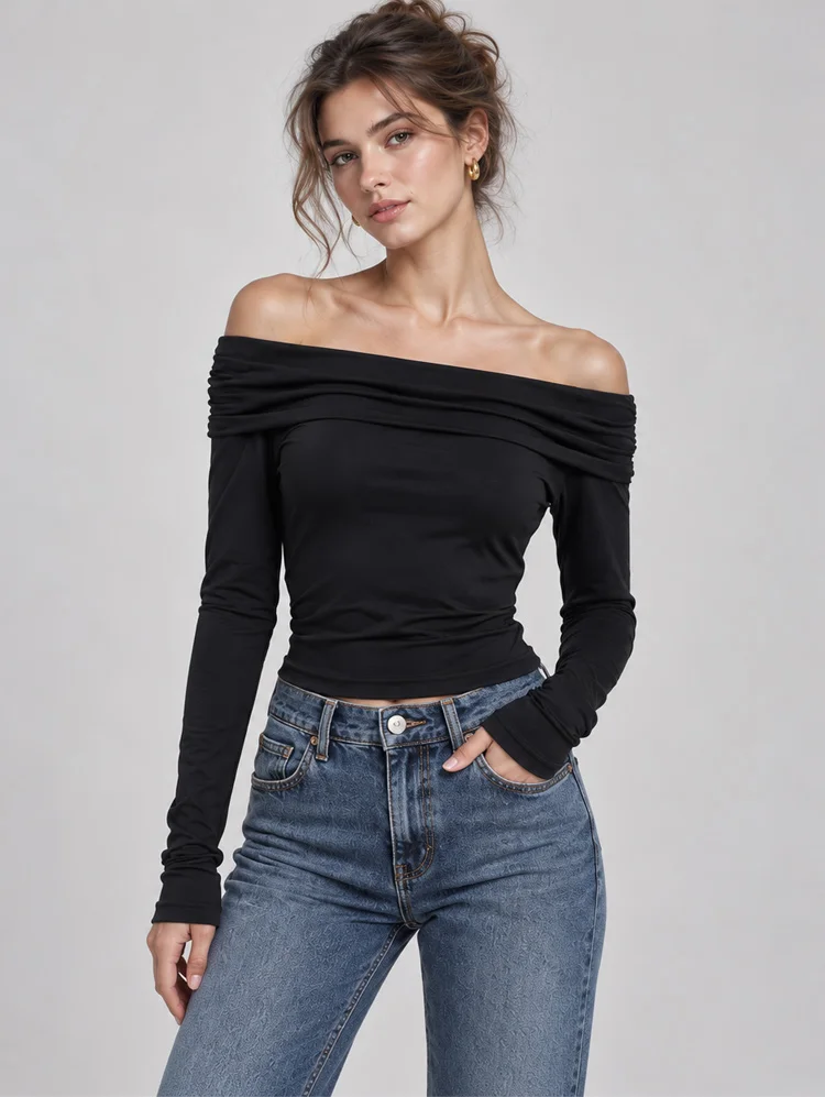Autumn Winter Women Y2K Streetwear Daily Off‑Shoulder Fold‑Over Tie‑Back Cutout Long Sleeve Fitted Cropped Top