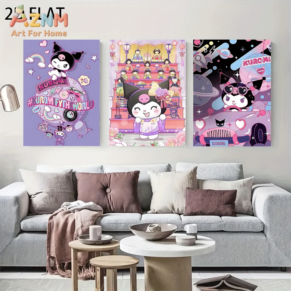 AZNM Sanrio Kuromi Canvas Wall Art Unframed Cute Cartoon Rainbow Theater Space Car Theme Character Print Painting Girls Bedroom