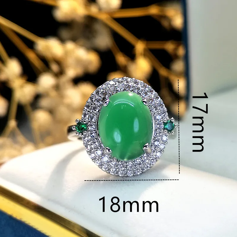 Literary Vintage Inlaid Chrysoprase Malay Simulated-jade Cabochon Imitation Gemstones Ring Micro-set Zircon Jewelry