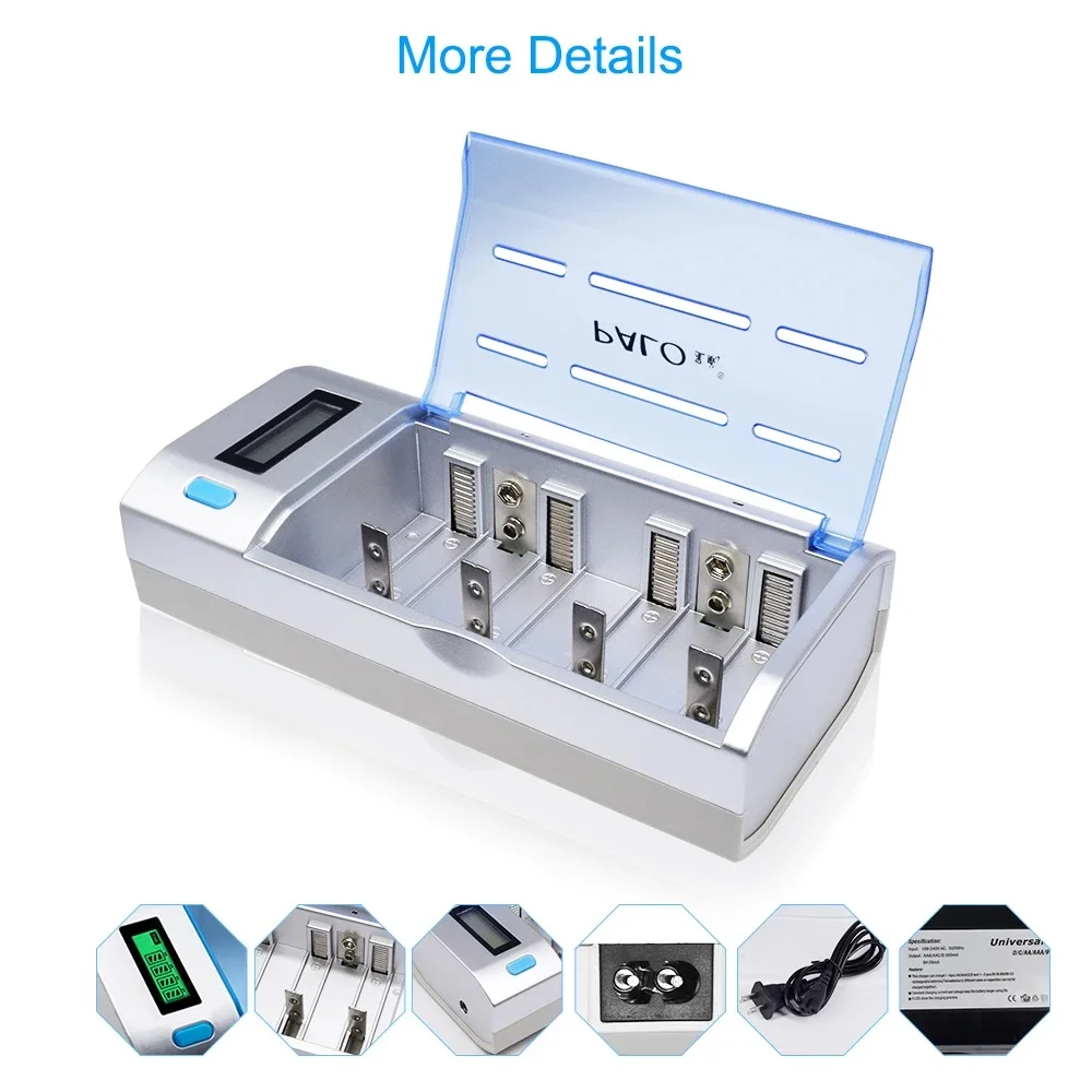 PALO 4 Slot LCD Display Smart Charger for 1.2V AA/AAA Ni-MH/Ni-Cd or C/D Size LR20 NiMH/Ni-Cd 9V Rechargeable Batteries