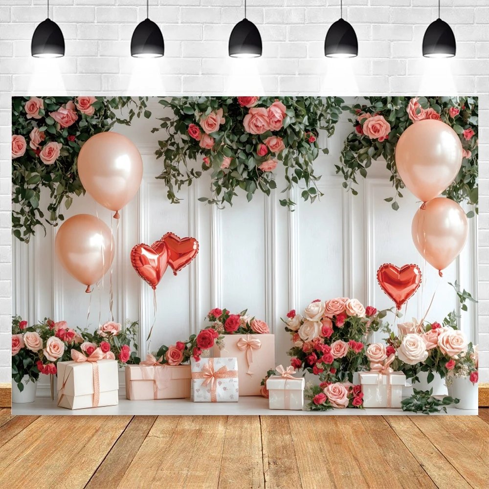 Zoete Valentijnsdag Achtergrond Witte Muur Bloemen Ballonnen Liefde Hart Geschenken Dozen Voorstellen Bruid Portret Fotografie Achtergrond