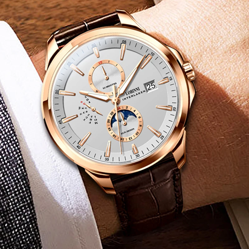 

LOBINNI 2025 New Design Weekend Month Display Luminous Pointer Date Men Automatic Wrist Watches With Leather Strap