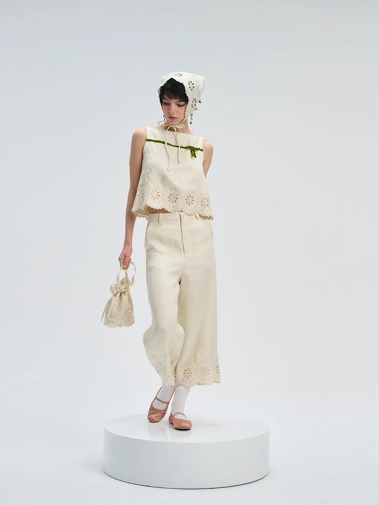 

Moss Fifi Casual Yellow Embroidered Straight Leg Pants High Waist Long Pants Comfortable Breathable Liner for Summer Wear