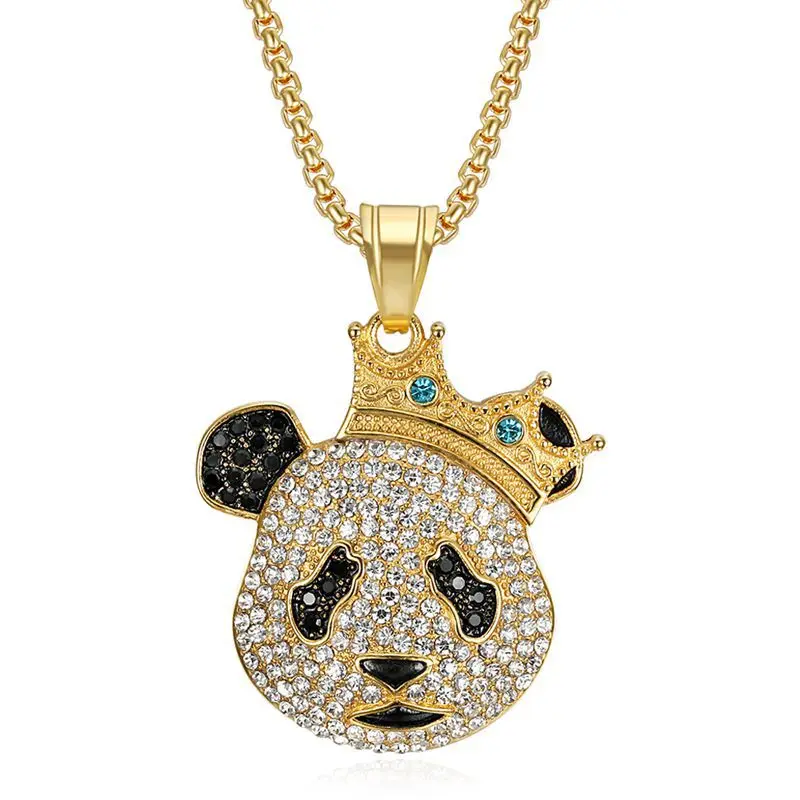 Hip Hop Bling Iced Out Rhinestone Stainless Steel Cool Crown Panda Pendants Necklace for Men Rapper Jewelry Gold Silver Color