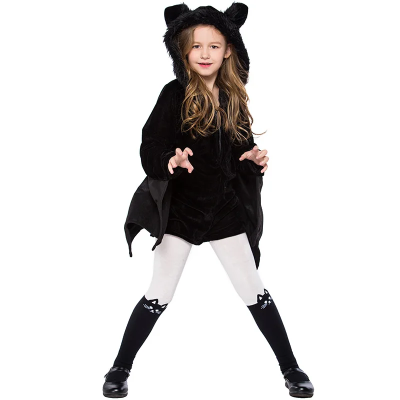 Girl Black Bat Cuff With Hat and Cape Costume Short Black Vampire Suitable for Cosplay Halloween Book Week Fancy Dress