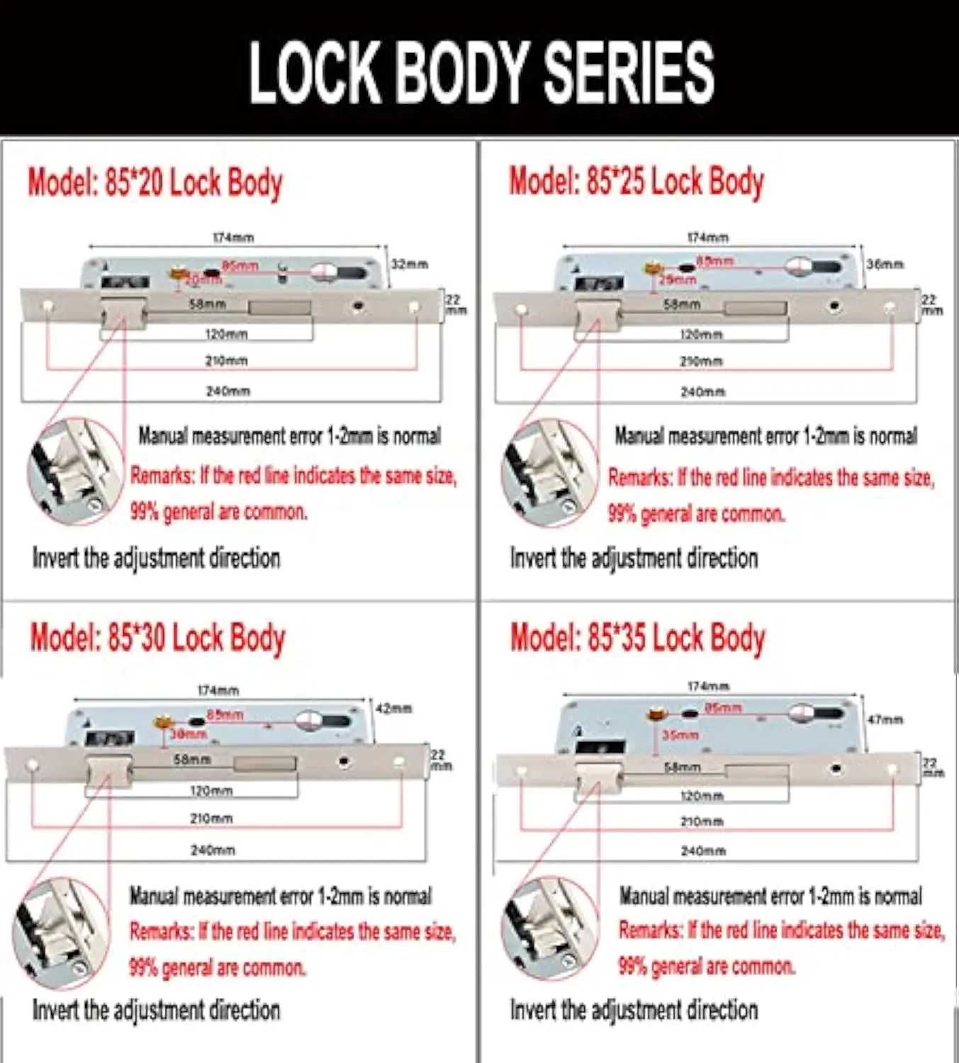 Door Lock Tube Frame Mortise Lock 85 mm Lock Mandrel Size 20 mm Tube Frame Lock Gate Door Lock Stainless Steel Garden Mortise