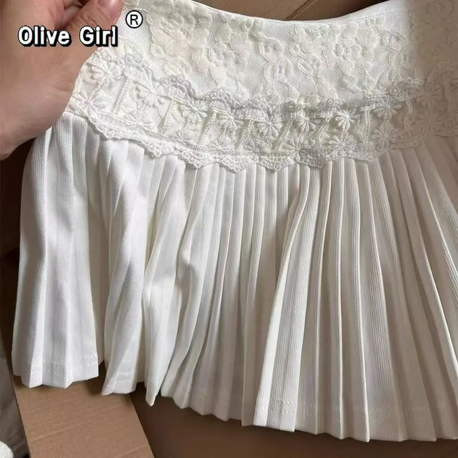 Women Skirt White Pleated American Vintage 2000s Preppy Style Low Waist JK Skirt Mini Harajuku Y2k Lace A-line Skirts