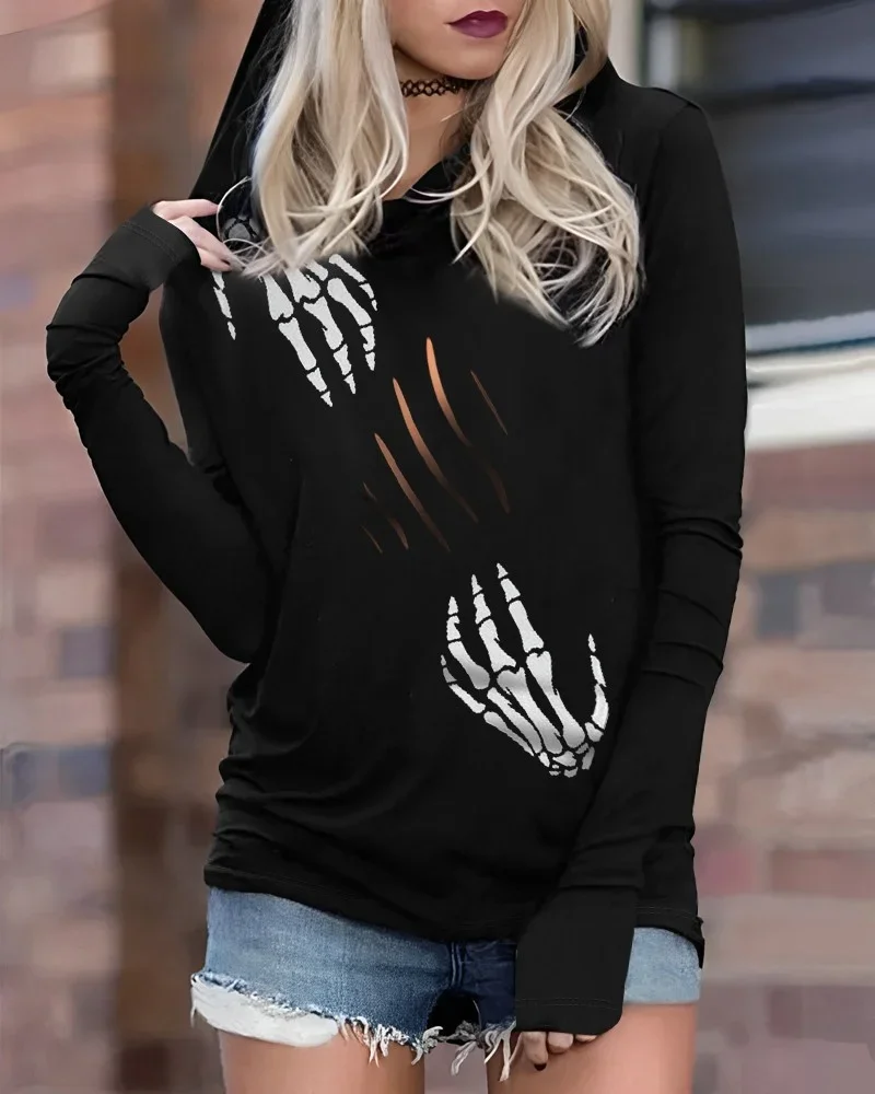 Women Baddie Hoodies Sweatshirt 2025 Spring Long Sleeves Female Hoodies Skeleton Hand Print Streetwear Y2k Clothes Pollovers