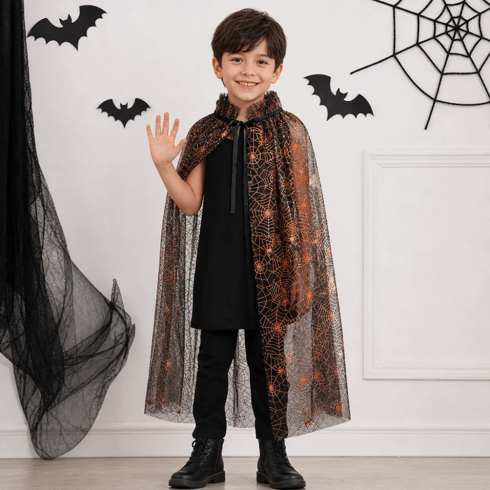 Gothic Spider Web Halloween Tulle Cape Soft Long Kids Mesh Cloak Sheer Polyester Cosplay Bridal Costume Photoshoot
