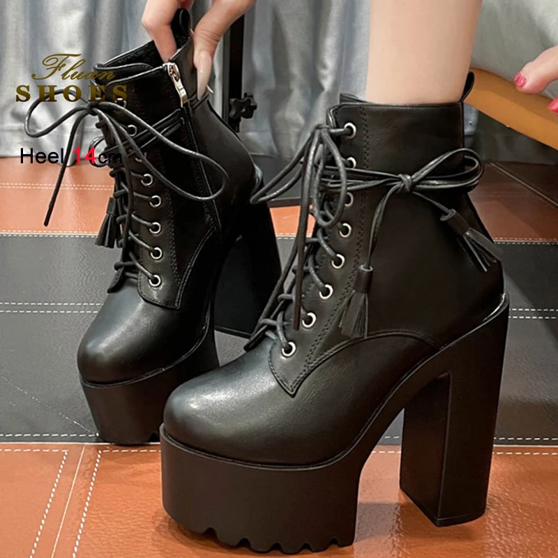 

2025 Новые осенне-зимние женские ботильоны с черным бантом спереди, на шнуровке, на блочном каблуке, на платформе 14 см, на боковой молнии, женские короткие ботинки
