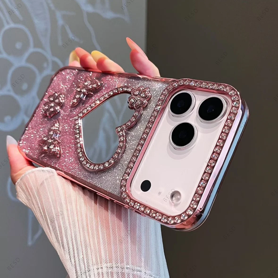 Heart Make up Mirror Cover Funda For iPhone 17 Pro Max Shining Diamonds Cases For iPhone 17 Pro Luxury Gradient Color Soft Case