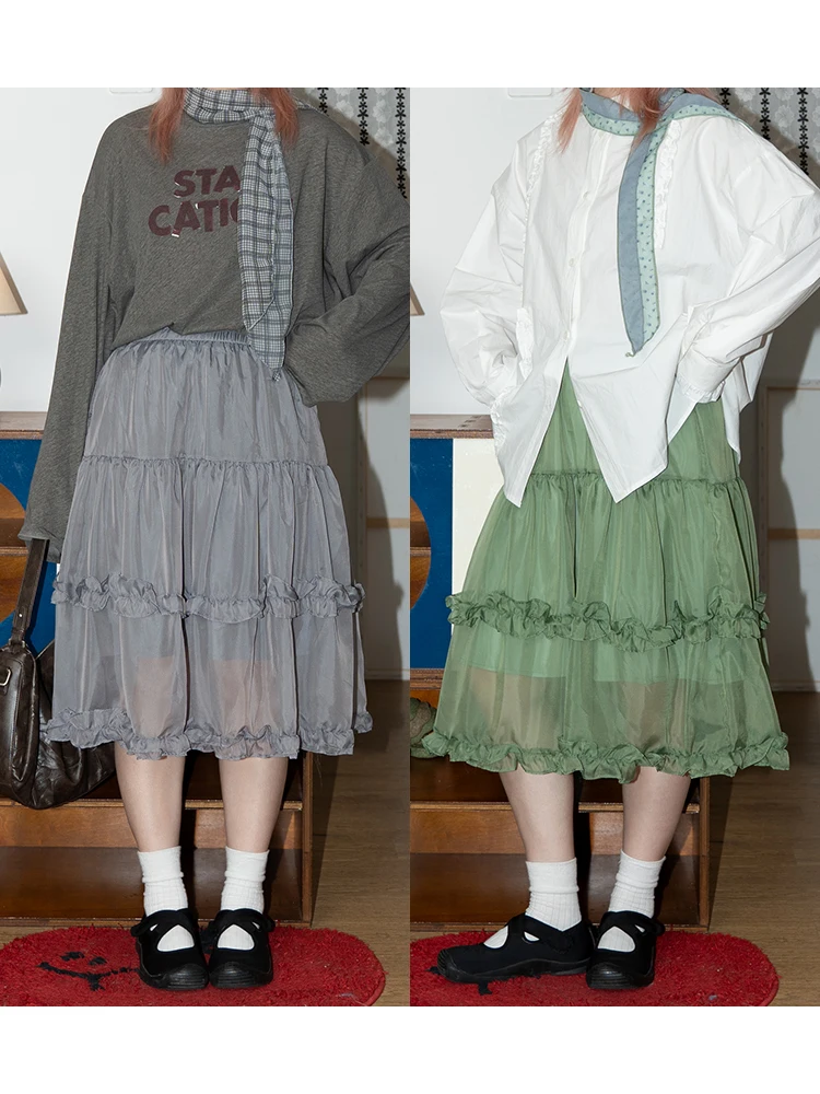 

Vintage Color f Skirt with A-Line Elastic Waist Pleated Polyester Fiber Ladies Spring Faion Skirts