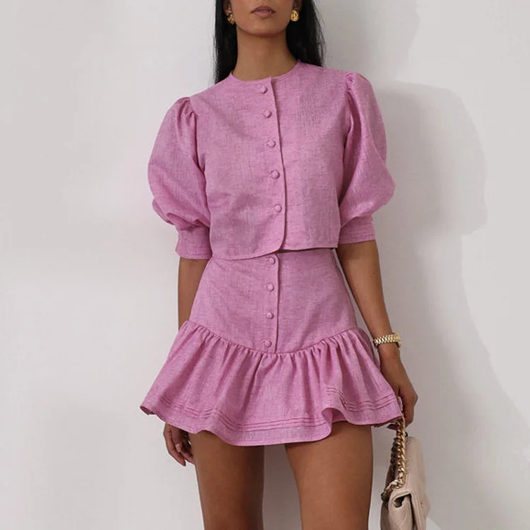 

Casual Fashion Short Skirt Suit 2025 New Style Puff Sleeve Short Top Splicing Design A-line Skirt Two-piece Suit