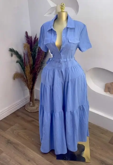 Damesjurken 2023 Zomer Nieuwe Mode Turn-Down Kraag Korte Mouwen Gesp Tailleband Casual A-lijn Shirt Lange Jurk