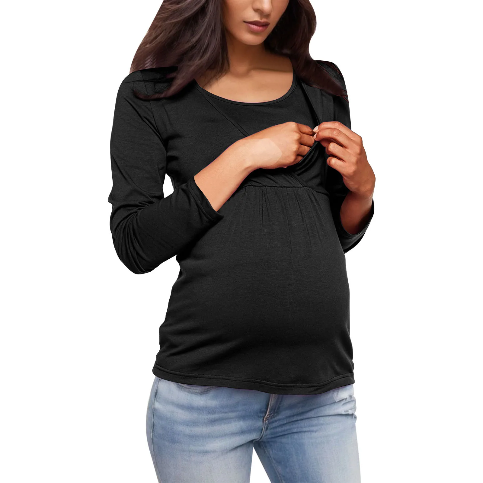 Breastfeeding Womens Maternity Irregular Soild Hem Tee Shirt Casual Long Sleeve Crew Neck Basic Nursed Maternity Tops