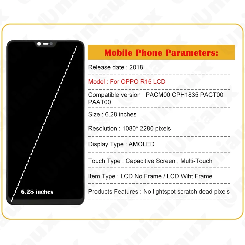 Original LCD Display with Frame, Touch Screen Digitizer Assembly, OPPO R15, PAM00, CPH1835, 6.28