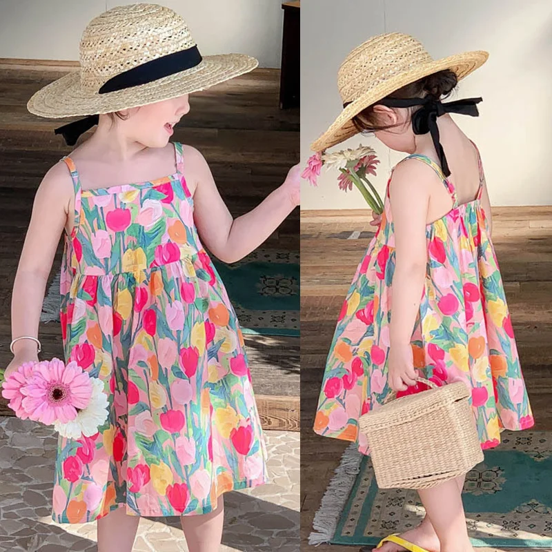 3-8T Summer Children Camisole Dress Floral Printed Sweet Girls Casual Sleeveless Suspender Dress Soft Breathable Beach Vestidos