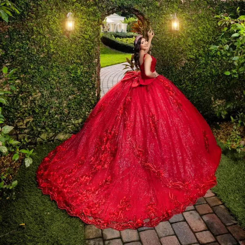 사용자 정의 반짝 이는 레드 오프 어깨 Quinceanera 드레스 스팽글 아플리케 Tull 레이스 3D 꽃 vestidos de 15 Quinceanera ﻿