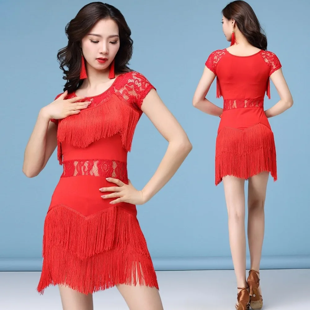 

Платье для латинских бальных танцев — платье для соревнований и выступлений с бахромой и кружевом, женский спортивный костюм для сальсы