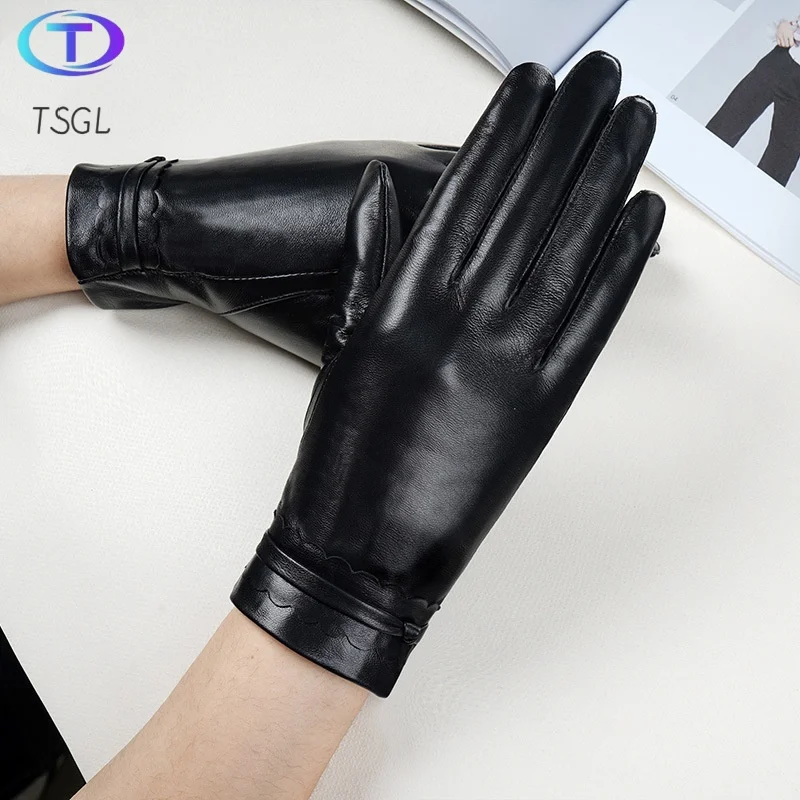 Simple Real Genuine Leather Gloves Women Warm Black Sheep Skin Winter Girls Real Leather Glove Driving Warm Ladies Glove