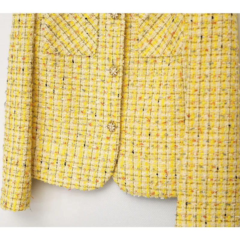 2023 Spring Autumn France Style Women\'s High Quality Elegant Pockets Yellow Plaid Tweed Jackets Short Coat F093