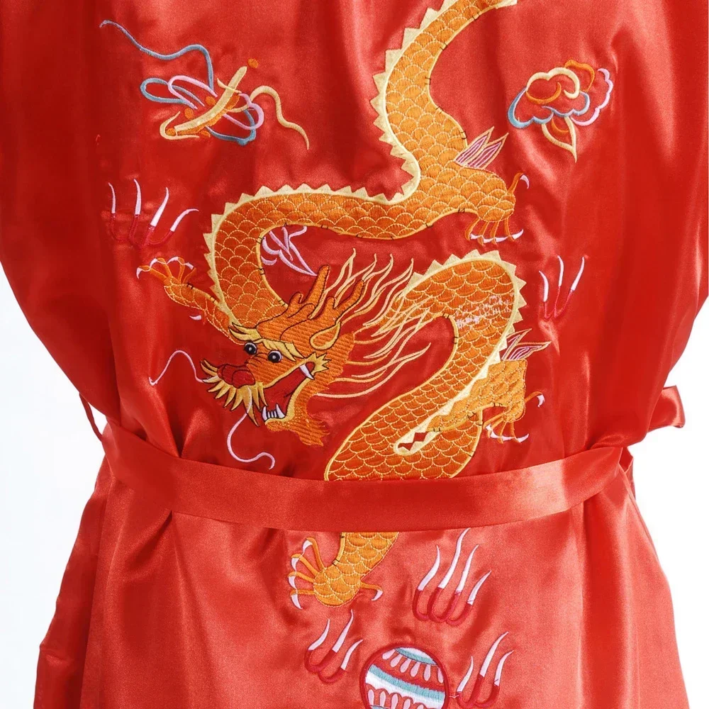 Mens Satin Robes Chinese Style Dragon Embroidery Kimono Silk-like Bathrobe Pajamas Sleepwear Gown Bath Robe Underwear