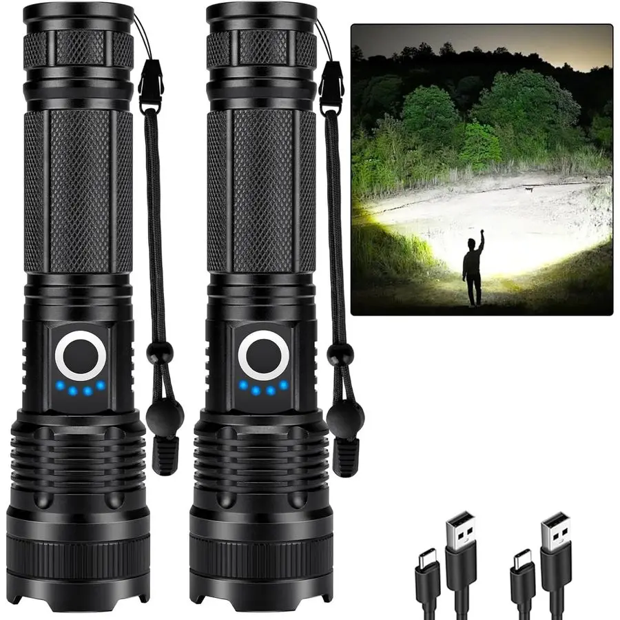 

Набор из 2-х мощных светодиодных фонарей с яркостью 99 000 люмен, 5 режимов, водонепроницаемые, ручные, для кемпинга и дома