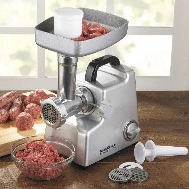 720 Professional Commercial Meat Grinder with Three-Way Control Switch Stuffing & Reverse, 3 Grinding Plates, Silver