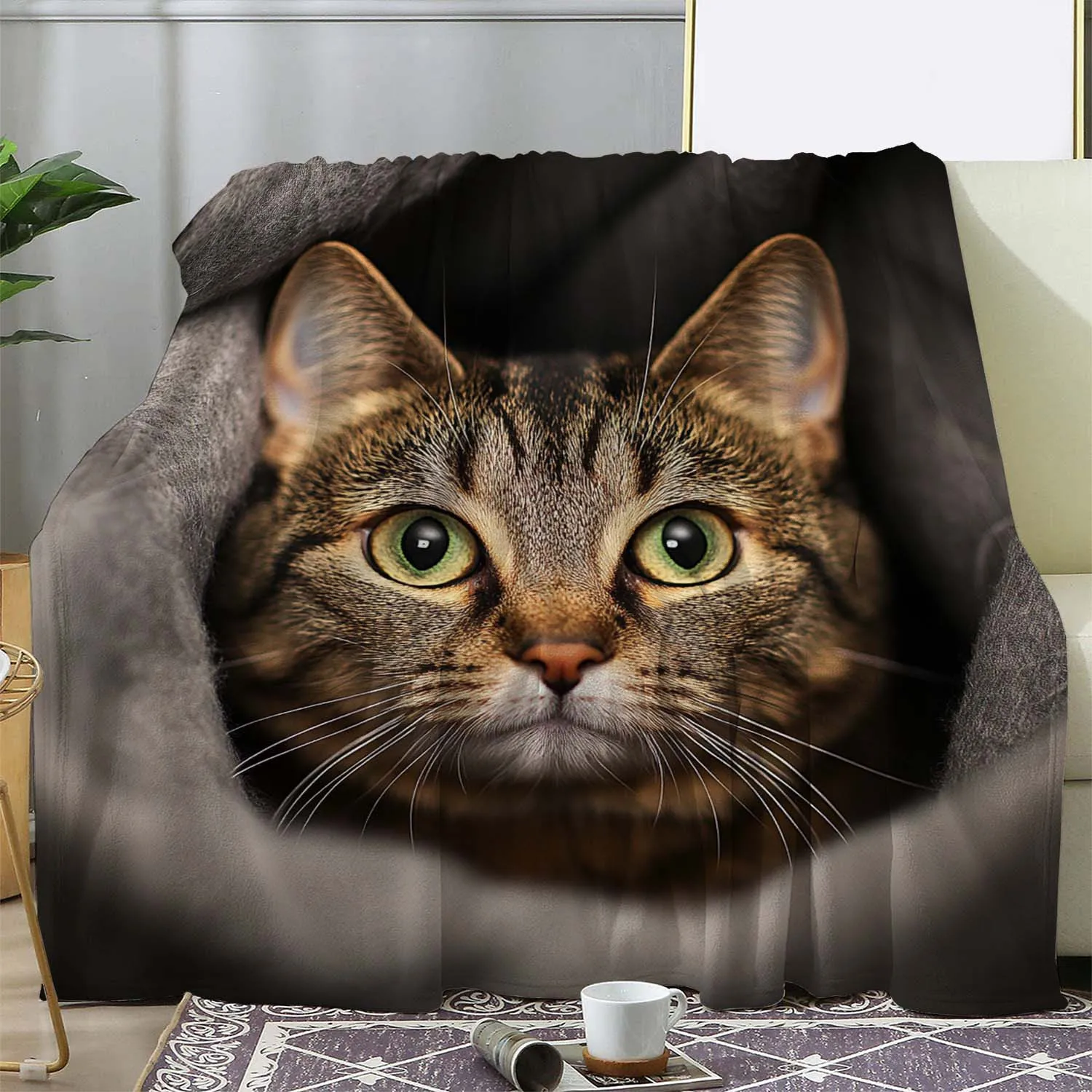 

Soft Warm Cozy Flannel Cat Blanket - Vintage Style Detailed Cat Face Print,for Sofa Bed Car Office Camping Travel, Mixed Colors